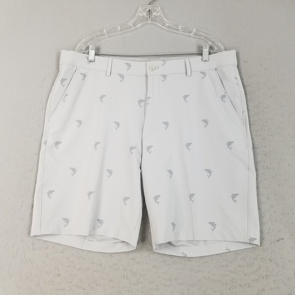 Greg Norman Golf Shorts Mens 38 Grey Shark All Over Print Performance Stretch